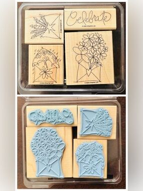 Stampin’ Up! Send A Celebration Retired Wood Mounted Rubber Stamp Set (4 Pc)